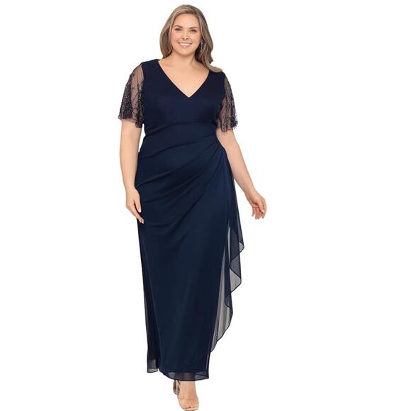 NWT Xscape Beaded Short Sleeve Jersey Dress Women's Blue Size 22W - Picture 1 of 6